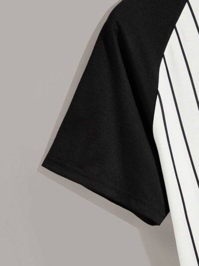 Black and white striped baseball t-shirt with a textured, custom chenille logo. Soft, lightweight knit with durable stitching