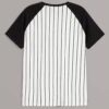 Black and white striped baseball t-shirt with a textured, custom chenille logo. Soft, lightweight knit with durable stitching