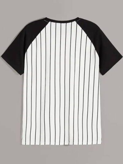 Black and white striped baseball t-shirt with a textured, custom chenille logo. Soft, lightweight knit with durable stitching