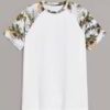 Tropical print raglan sleeve tee, light blue & coral hues, soft jersey knit, clean stitching. Custom design beach vibes. - Vi