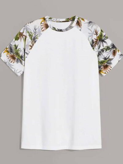 Tropical print raglan sleeve tee, light blue & coral hues, soft jersey knit, clean stitching. Custom design beach vibes. - Vi