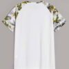 Tropical print raglan sleeve tee, light blue & coral hues, soft jersey knit, clean stitching. Custom design beach vibes. - Vi