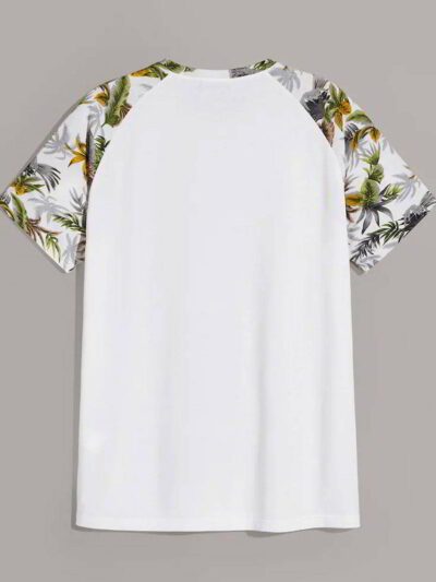 Tropical print raglan sleeve tee, light blue & coral hues, soft jersey knit, clean stitching. Custom design beach vibes. - Vi
