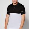 High-quality polo shirt, black and white contrast. Fine-knit texture, precise stitching detail visible. Custom-made casual we