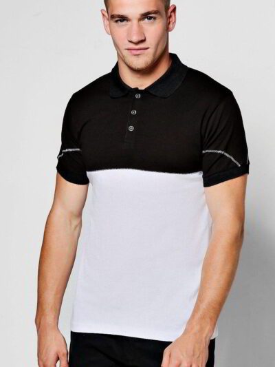 High-quality polo shirt, black and white contrast. Fine-knit texture, precise stitching detail visible. Custom-made casual we