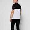 High-quality polo shirt, black and white contrast. Fine-knit texture, precise stitching detail visible. Custom-made casual we