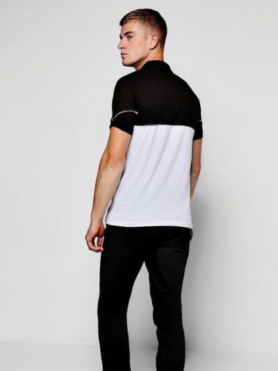 High-quality polo shirt, black and white contrast. Fine-knit texture, precise stitching detail visible. Custom-made casual we