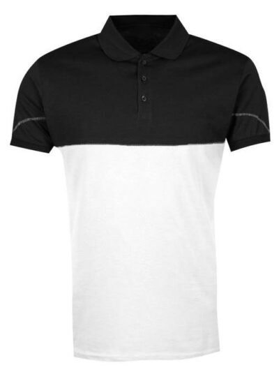 High-quality polo shirt, black and white contrast. Fine-knit texture, precise stitching detail visible. Custom-made casual we