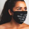 Close-up: Black fabric face mask with custom print. Soft, textured material, clean stitching. Daily use, unisex design. - Vie