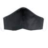 Close-up of a black face mask. Woven label detail. Finely stitched, durable fabric texture. Washable, reusable cloth face cov