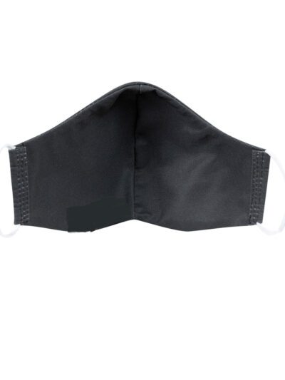 Close-up of a black face mask. Woven label detail. Finely stitched, durable fabric texture. Washable, reusable cloth face cov