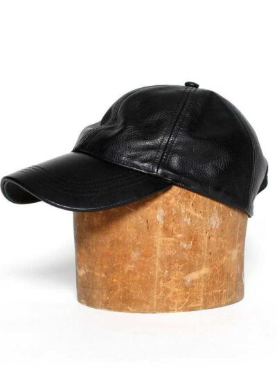 Black leather baseball cap: deep, rich texture, precision stitching. Stylish and durable sports headwear. Premium quality con