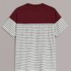 Boy's tee: bold stripes of blue, orange, and gray. Soft knit fabric, durable seams. Casual style for everyday wear, vibrant &
