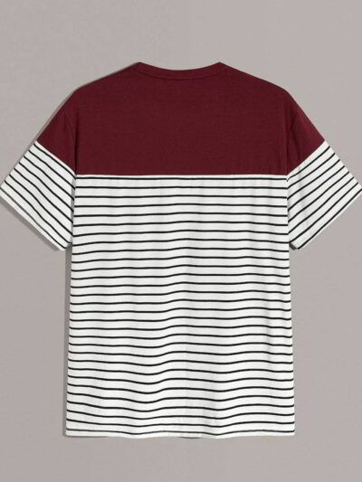 Boy's tee: bold stripes of blue, orange, and gray. Soft knit fabric, durable seams. Casual style for everyday wear, vibrant &