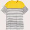 Boy's tee: bold stripes of blue, orange, and gray. Soft knit fabric, durable seams. Casual style for everyday wear, vibrant &