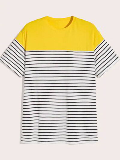 Boy's tee: bold stripes of blue, orange, and gray. Soft knit fabric, durable seams. Casual style for everyday wear, vibrant &