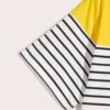 Boy's tee: bold stripes of blue, orange, and gray. Soft knit fabric, durable seams. Casual style for everyday wear, vibrant &
