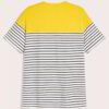 Boy's tee: bold stripes of blue, orange, and gray. Soft knit fabric, durable seams. Casual style for everyday wear, vibrant &