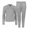 Women's grey fleece sweatsuit. Zipper front, split kangaroo pocket, ribbed cuffs and hem. Soft, plush texture. Visible qualit