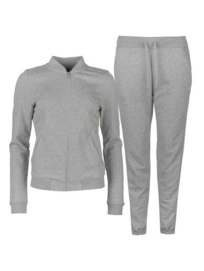 Women's grey fleece sweatsuit. Zipper front, split kangaroo pocket, ribbed cuffs and hem. Soft, plush texture. Visible qualit