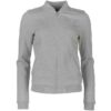 Women's grey fleece sweatsuit. Zipper front, split kangaroo pocket, ribbed cuffs and hem. Soft, plush texture. Visible qualit