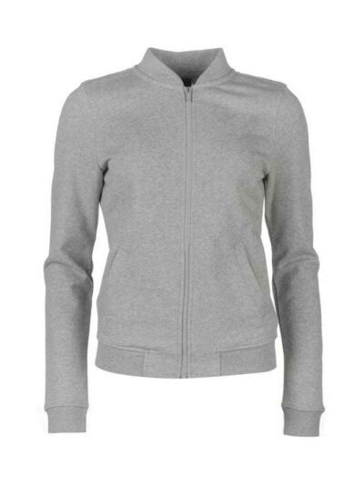 Women's grey fleece sweatsuit. Zipper front, split kangaroo pocket, ribbed cuffs and hem. Soft, plush texture. Visible qualit