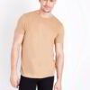 Close-up of folded bulk eco friendly t-shirts, showing soft texture, clean stitching. Neutral color palette, short sleeves. -