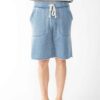 Close-up of bulk workout shorts. Soft, heathered gray fabric, durable reinforced stitching. Elastic waistband, athletic fit,