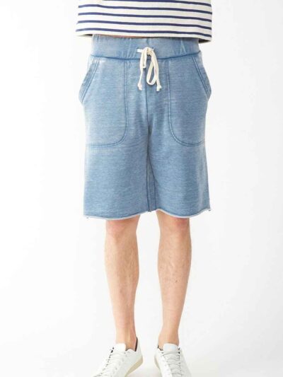 Close-up of bulk workout shorts. Soft, heathered gray fabric, durable reinforced stitching. Elastic waistband, athletic fit,