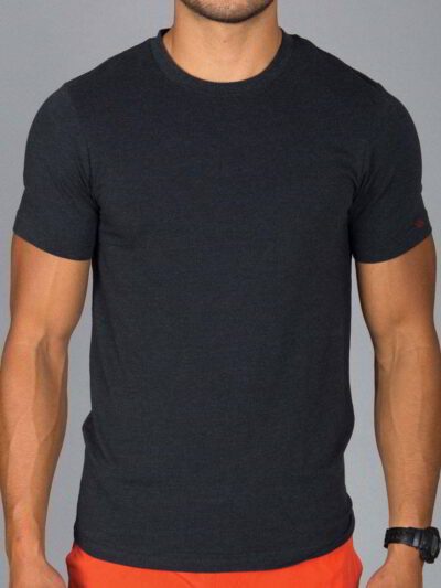 Close-up: Navy work shirt, bulk printed logo. Durable twill weave, reinforced stitching. Practical, professional, & customiza