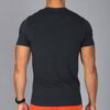 Close-up: Navy work shirt, bulk printed logo. Durable twill weave, reinforced stitching. Practical, professional, & customiza