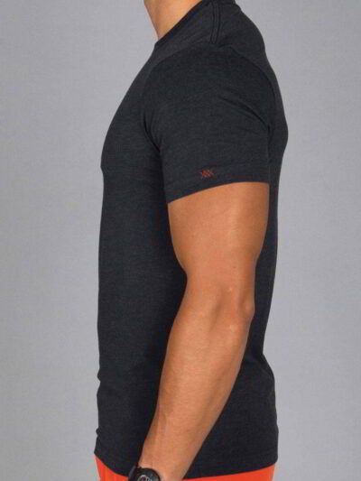 Close-up: Navy work shirt, bulk printed logo. Durable twill weave, reinforced stitching. Practical, professional, & customiza