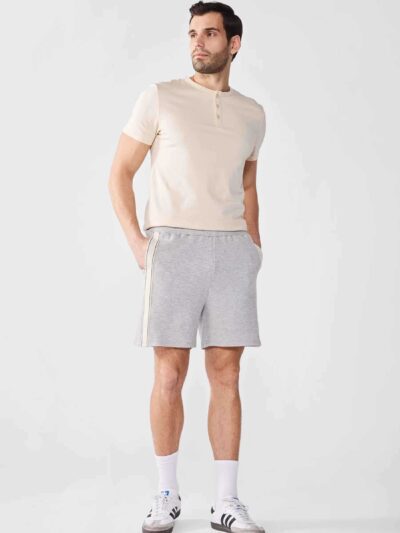 Men's solid color t-shirt and shorts set. Heathered jersey knit, clean seams. Customizable print area. Perfect for bulk order