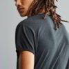 Stack of premium blank t-shirts in various muted colors, close-up showing fine-gauge knit fabric and durable double-needle st
