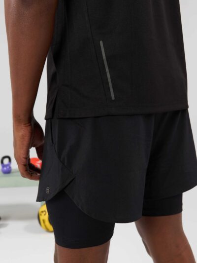 Urban men's set: tee & shorts. Soft-looking, breathable fabric, possibly cotton. Dark color scheme with subtle design details