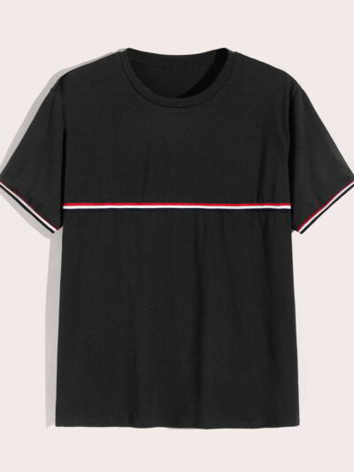 Close-up of a v-neck tee shirt, soft-looking knit fabric, clean stitching detail. Casual garment, available in multiple color