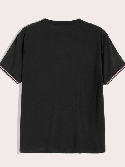 Close-up of a v-neck tee shirt, soft-looking knit fabric, clean stitching detail. Casual garment, available in multiple color