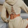 Cozy women's sweat set with hooded top. Soft-textured fleece, durable stitching. Perfect for casual wear. Heather gray appear