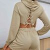 Cozy women's sweat set with hooded top. Soft-textured fleece, durable stitching. Perfect for casual wear. Heather gray appear
