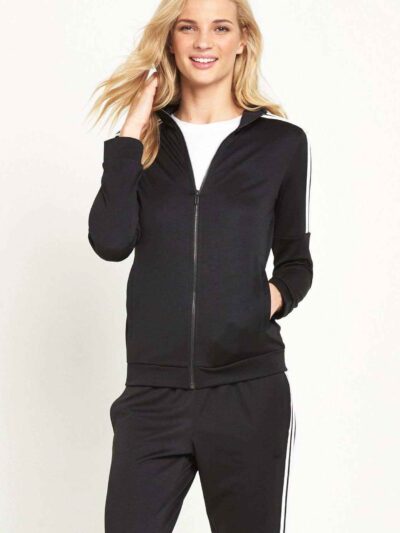 Two-piece tracksuit: hoodie & pants. Sporty contrast side stripes. Black with subtle grey. Zipper front hoodie, ribbed cuffs.