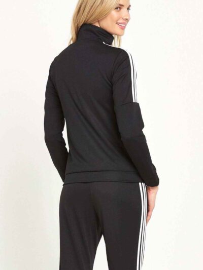 Two-piece tracksuit: hoodie & pants. Sporty contrast side stripes. Black with subtle grey. Zipper front hoodie, ribbed cuffs.
