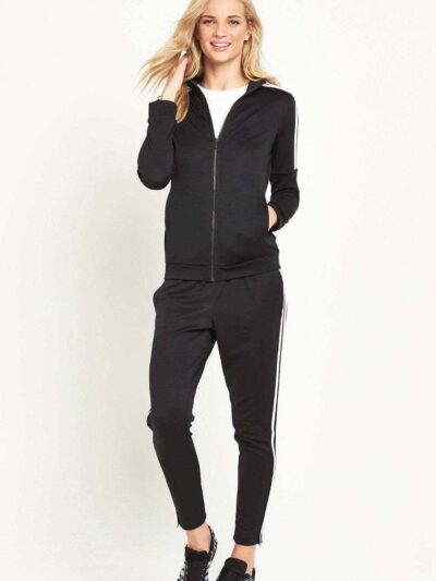 Two-piece tracksuit: hoodie & pants. Sporty contrast side stripes. Black with subtle grey. Zipper front hoodie, ribbed cuffs.