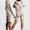 Cropped hoodie & high-waisted cycling shorts. Soft, loopback knit texture. White contrast stripes on ribbing. Activewear set.