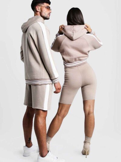 Cropped hoodie & high-waisted cycling shorts. Soft, loopback knit texture. White contrast stripes on ribbing. Activewear set.