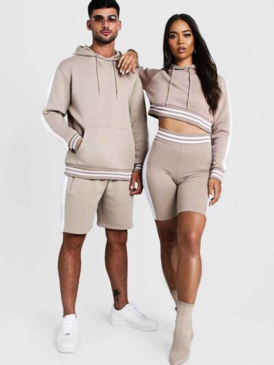 Cropped hoodie & high-waisted cycling shorts. Soft, loopback knit texture. White contrast stripes on ribbing. Activewear set.