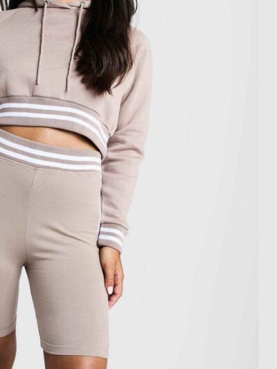 Cropped hoodie & high-waisted cycling shorts. Soft, loopback knit texture. White contrast stripes on ribbing. Activewear set.