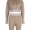 Cropped hoodie & high-waisted cycling shorts. Soft, loopback knit texture. White contrast stripes on ribbing. Activewear set.