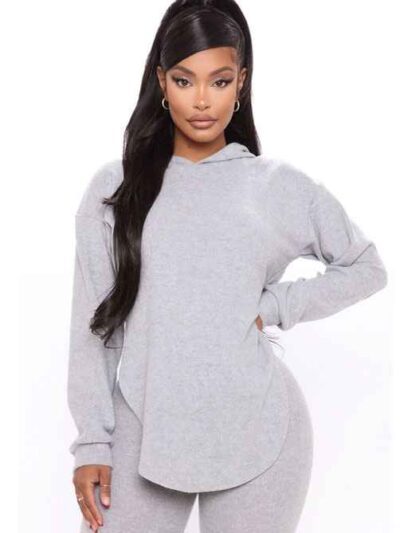 Heather grey hoodie and shorts set. Curved hem accentuates the booty. Soft, looped terry fabric. Subtle topstitching details.