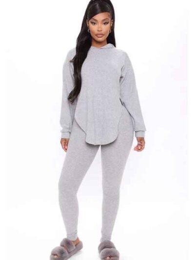 Heather grey hoodie and shorts set. Curved hem accentuates the booty. Soft, looped terry fabric. Subtle topstitching details.