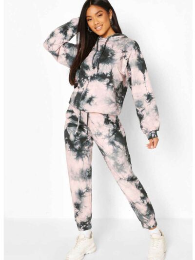 Black and pink tie dye tracksuit. Soft sublimation print. Contrast tie dye drawstring. Comfortable activewear set, vibrant co